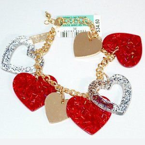 Designer Resin Glitter Heart Charm Bracelet in Gold Tone NWT